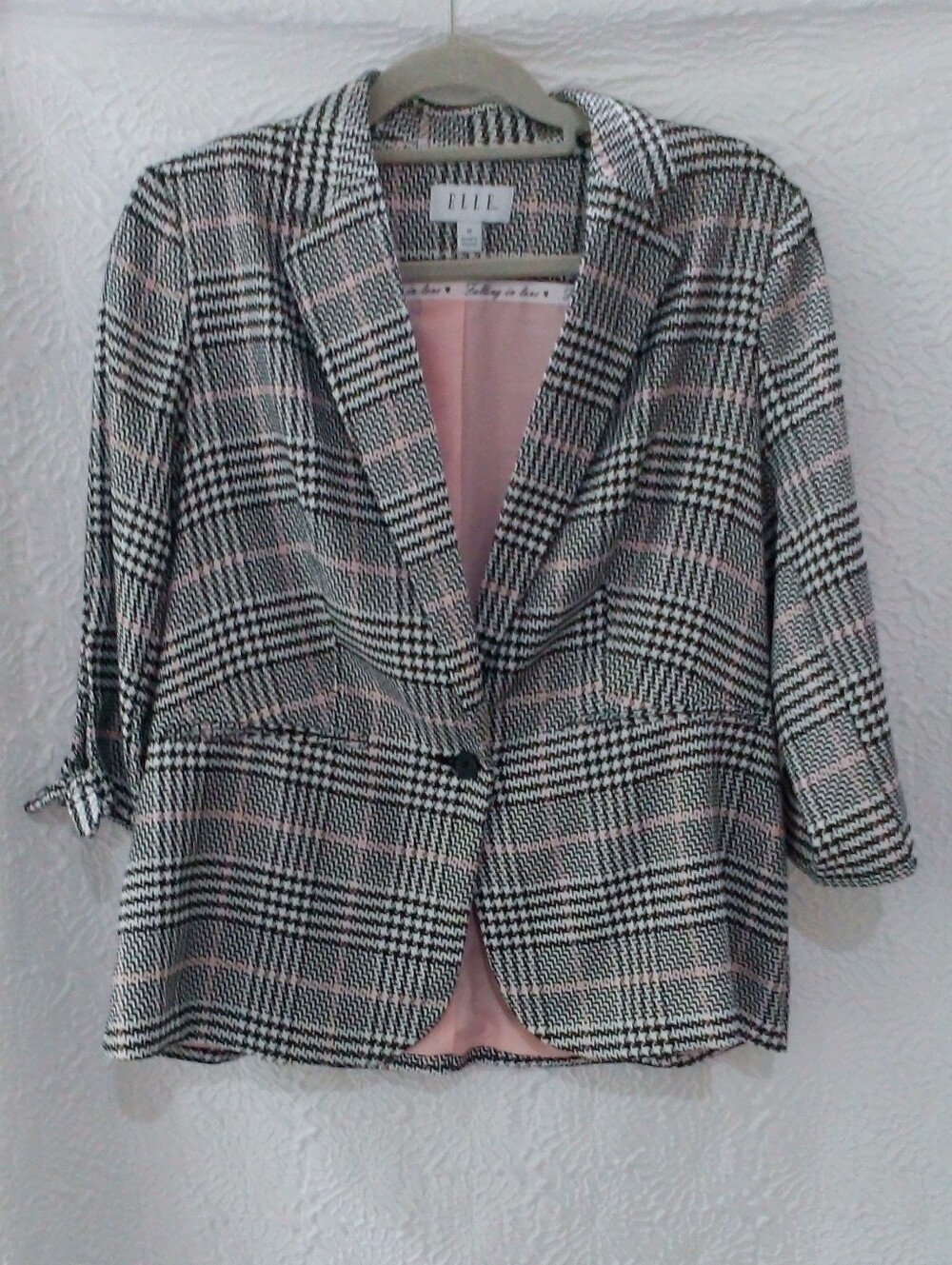 ELLE Glen Plaid Blazer Jacket with Tie Sleeves – Black, White & Pink (Size M)